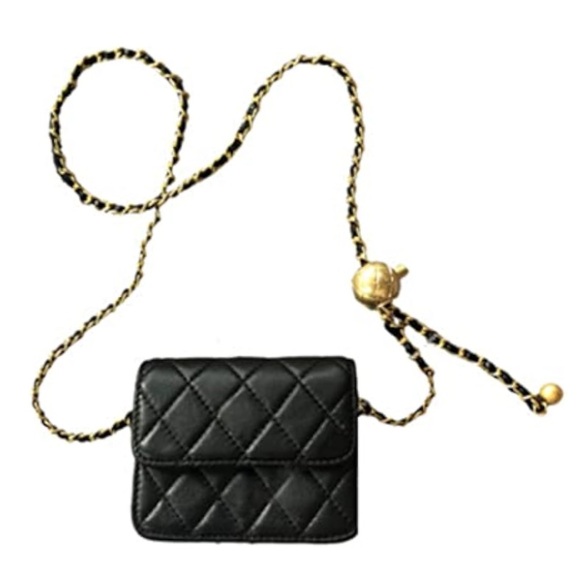 NEW Quilted Micro Mini Waist Belt Bum Bag/ Crossbody Black w/ Gold Chain Strap - Picture 2 of 9